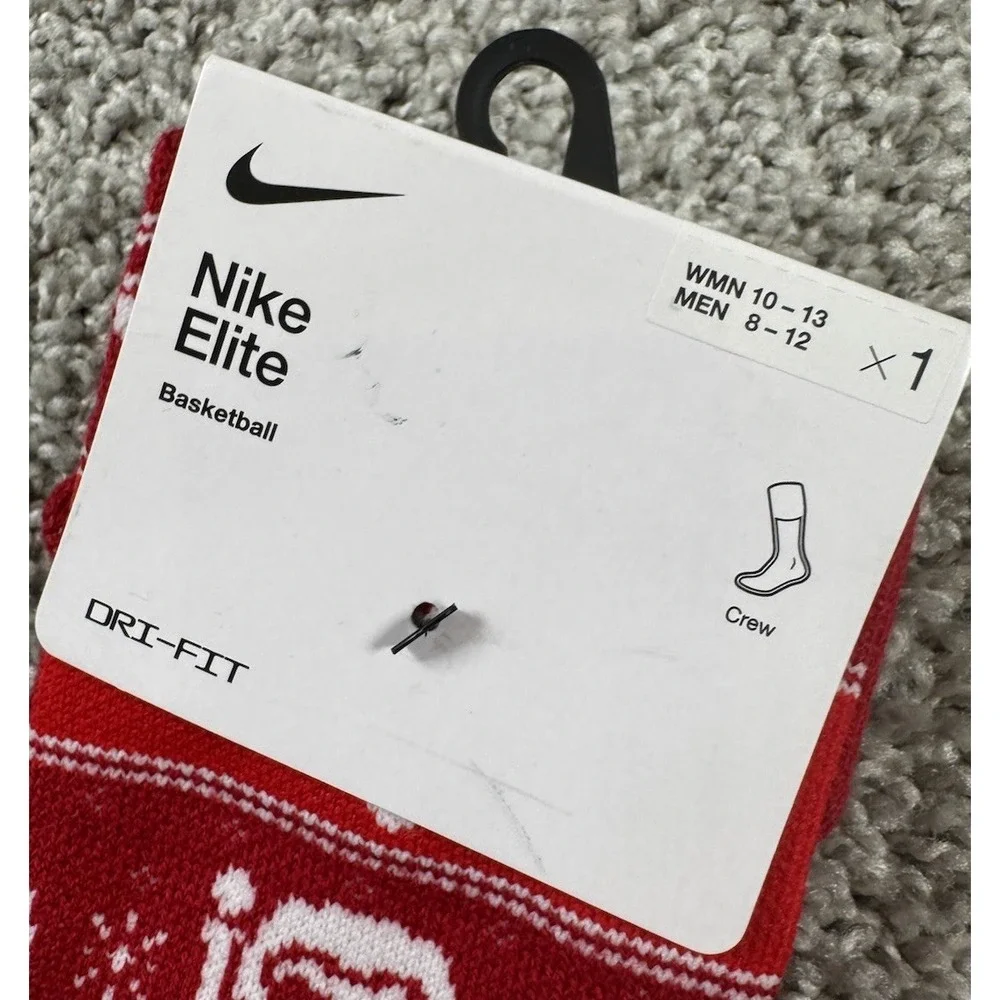 NEW Nike Elite‎ Basketball Dri Fit Ugly Christmas Crew Socks Red Men 8-12